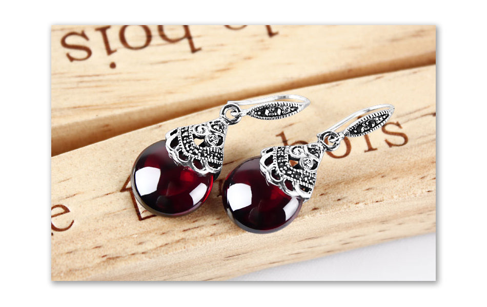 Vintage Deep Red Garnet Earrings in S925 Sterling Silver