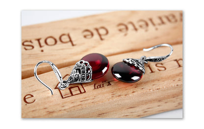 Vintage Deep Red Garnet Earrings in S925 Sterling Silver