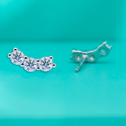 Sterling Silver Three Diamond Moissanite Stud Earrings