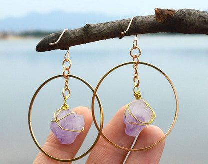 Natural Crystal Earrings Amethyst Crystal Turquoise Hexagonal Pillar Earrings